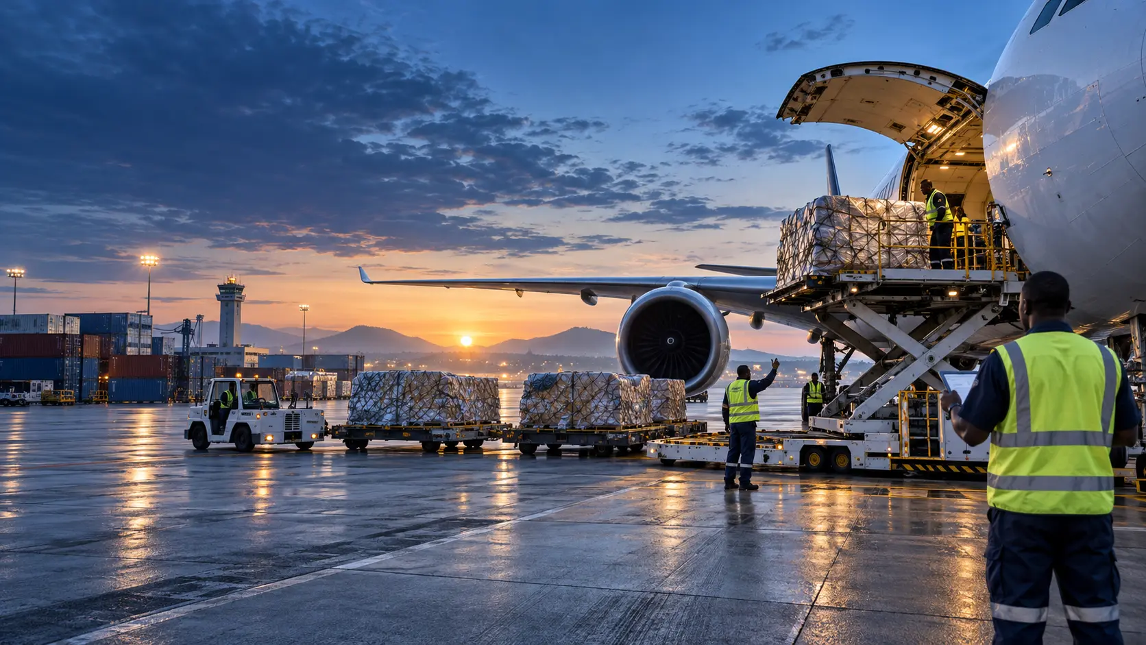 Air cargo being loaded by a professional ground team