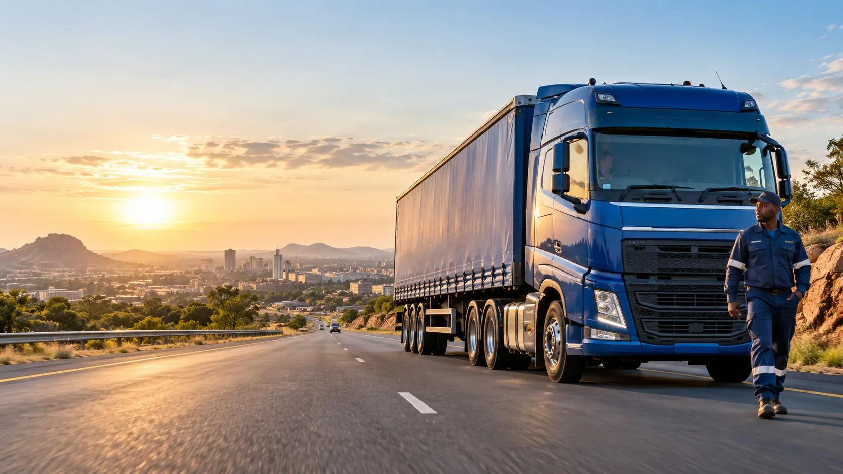 Blue freight truck operating on a regional highway